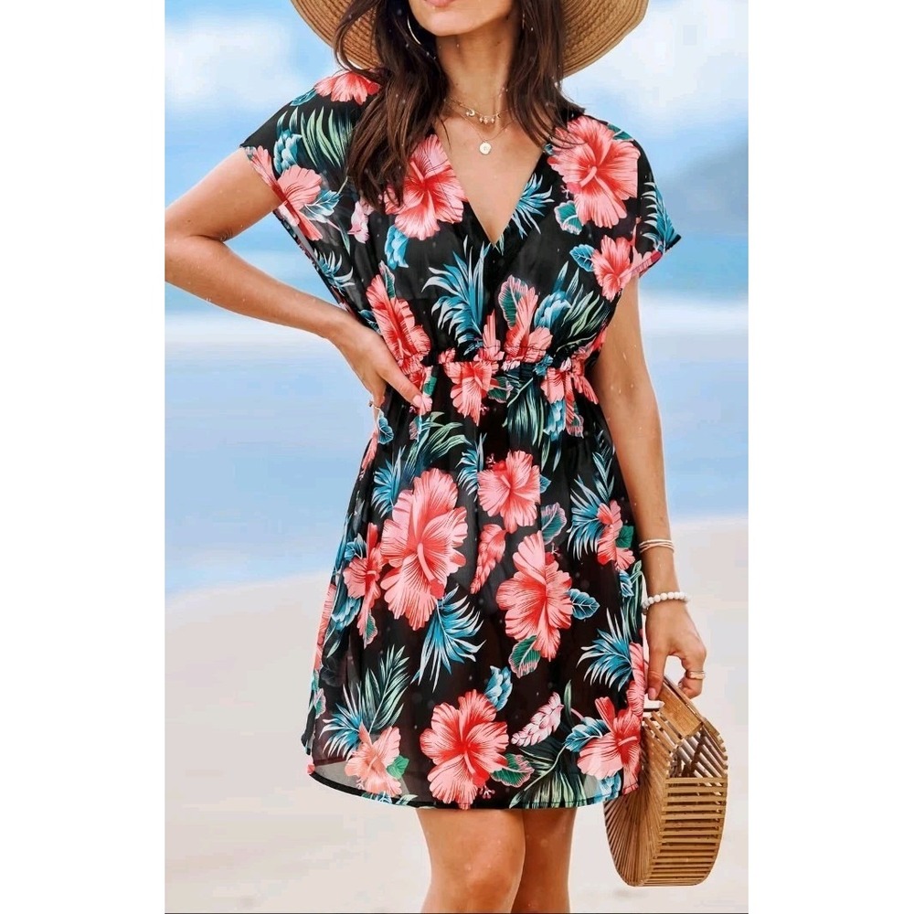 Cupshe Midnight Tropics Short Sleeve Tie Waist Cover-up Dress Size Lg NWT